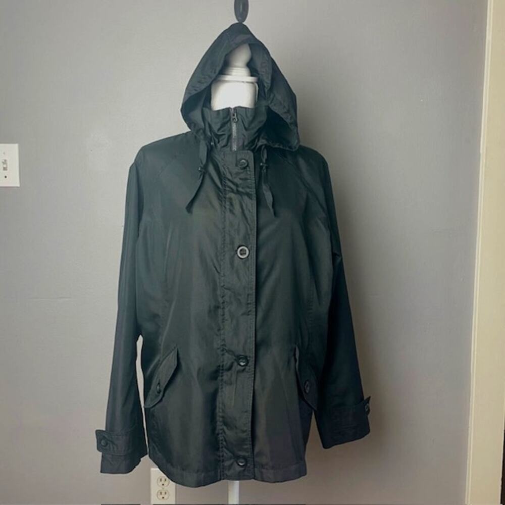 Lands End Black Hooded Rain Jacket Women’s L 14 16 Lightweight Utility Travel